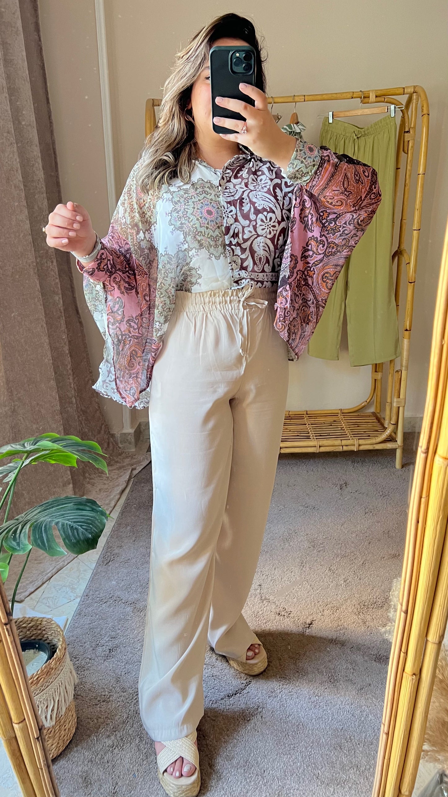 Beige Straight Pants with Elastic Waist