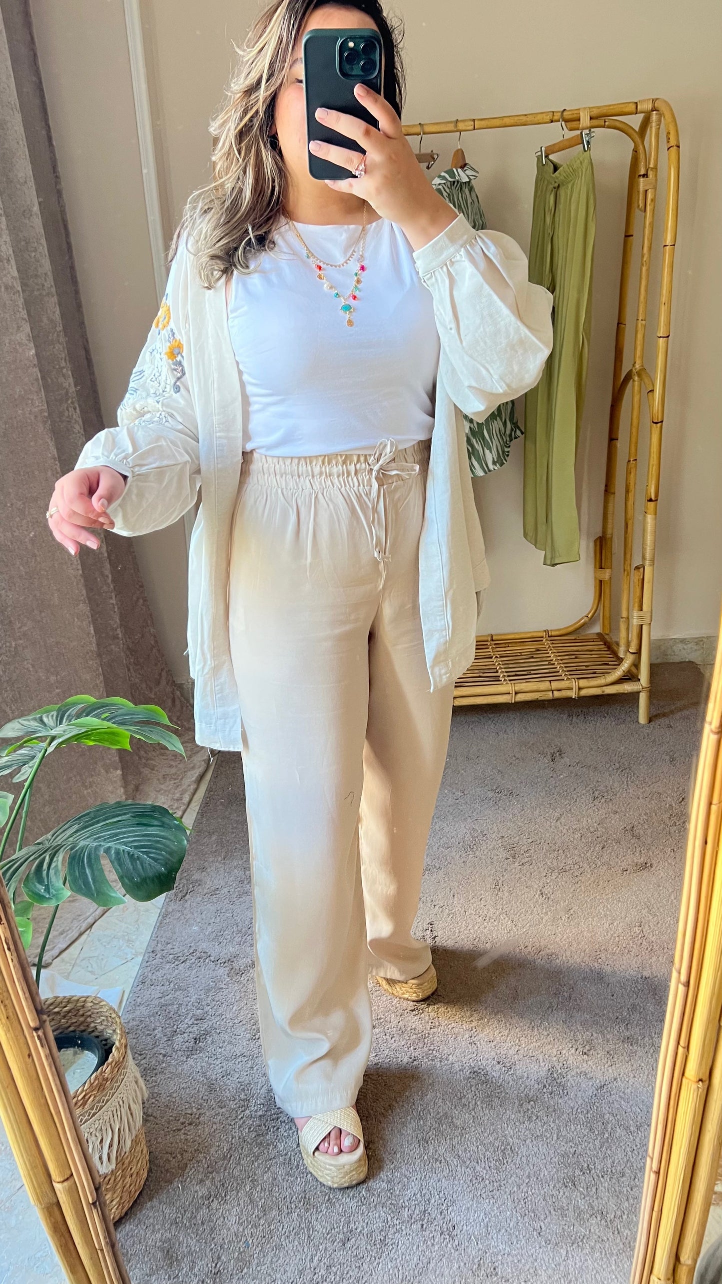 Beige Straight Pants with Elastic Waist