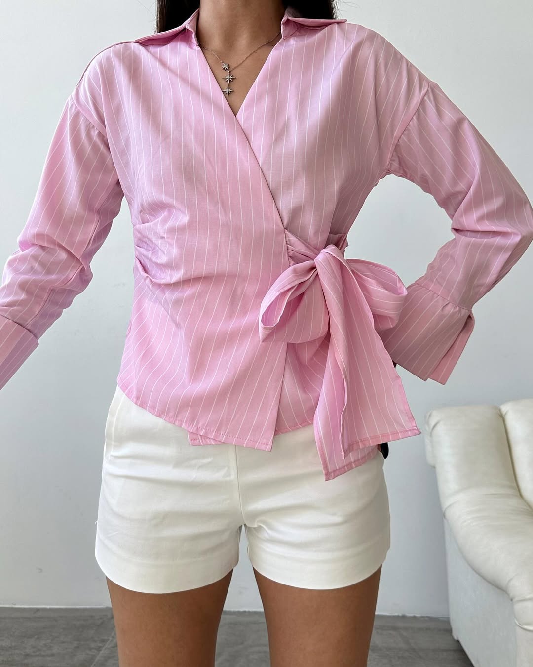 Striped Pink Tie Shirt With Side Belt (Petite Size)