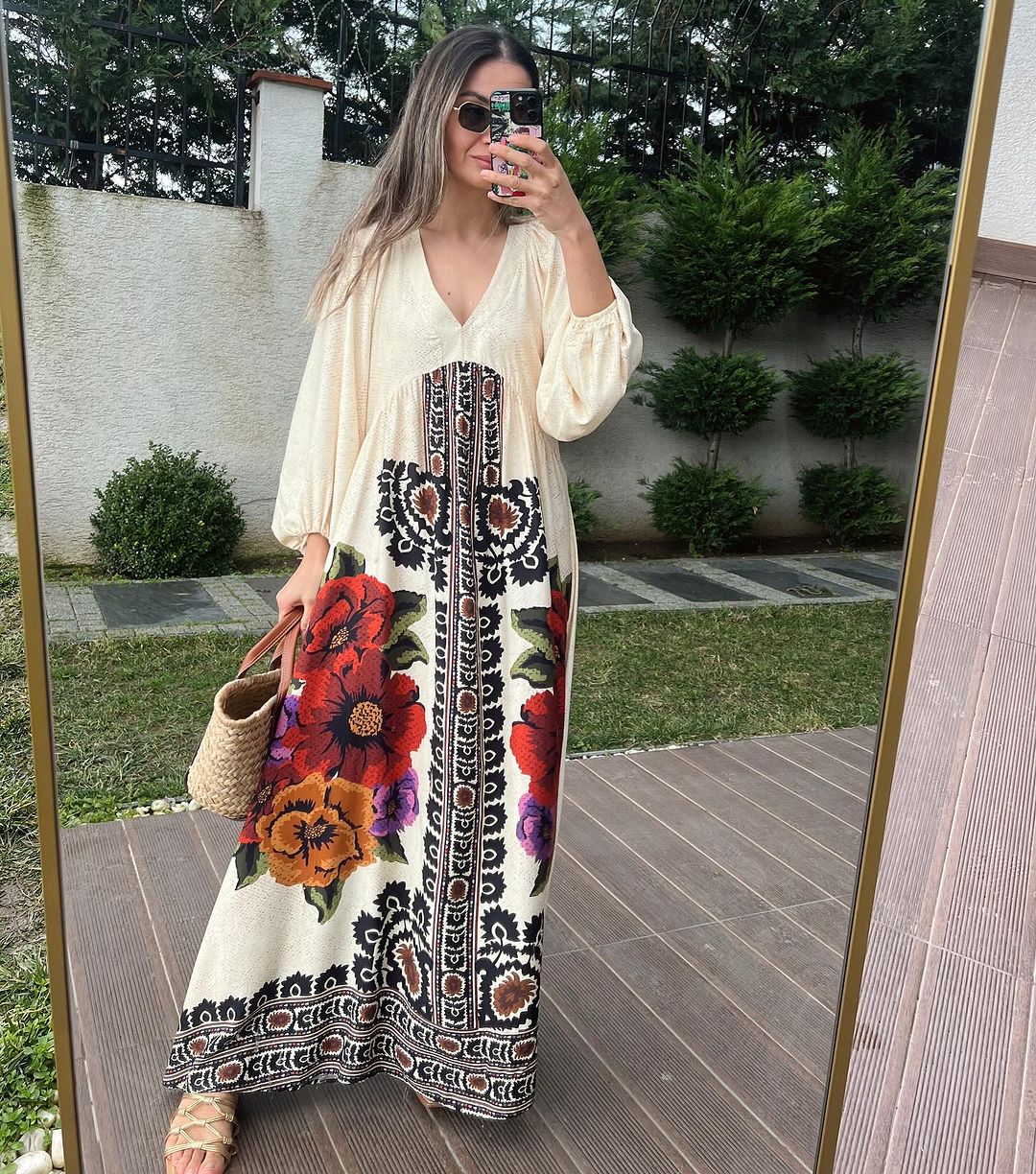 Floral Tapestry Beige V Neck Dress