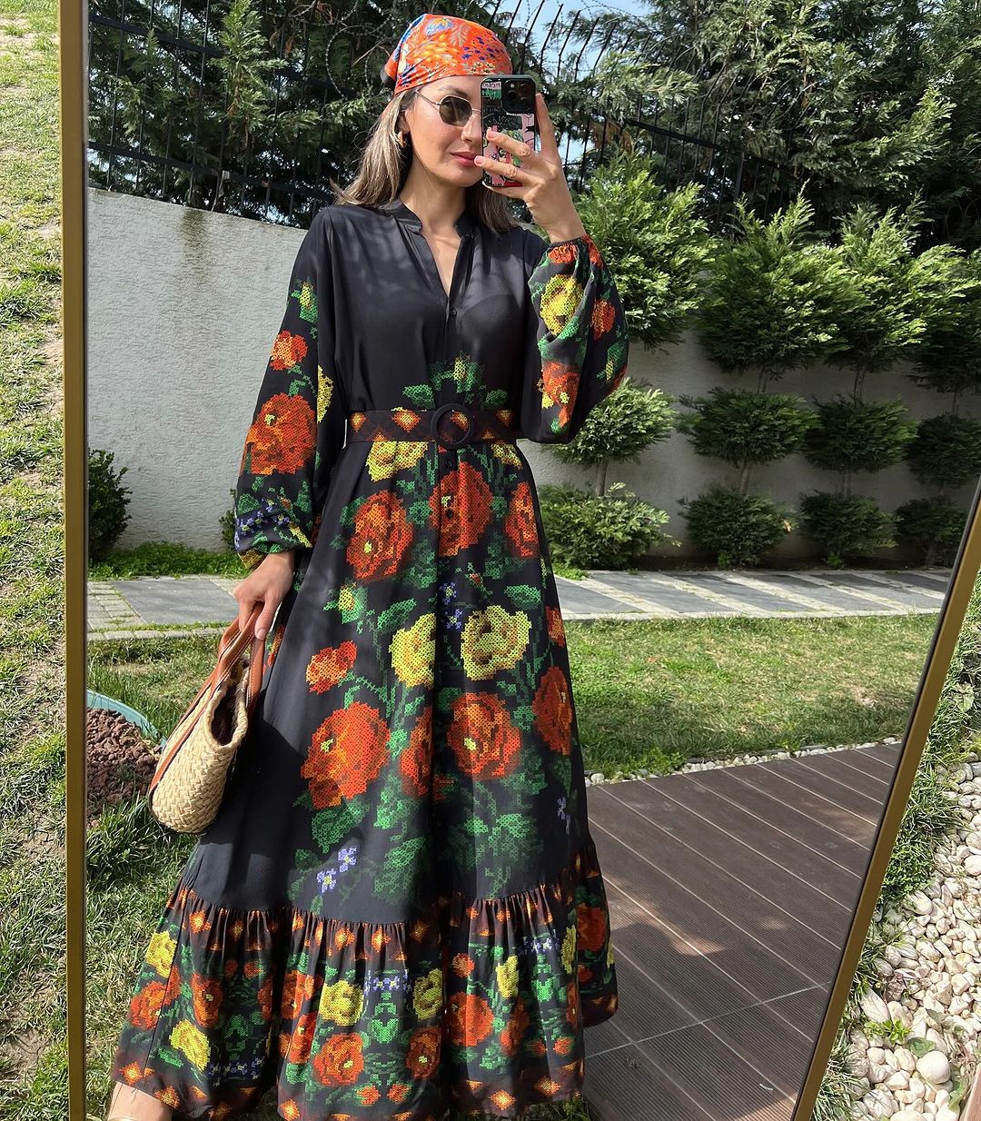 Black X Yellow Floral Pixel Belted Dress