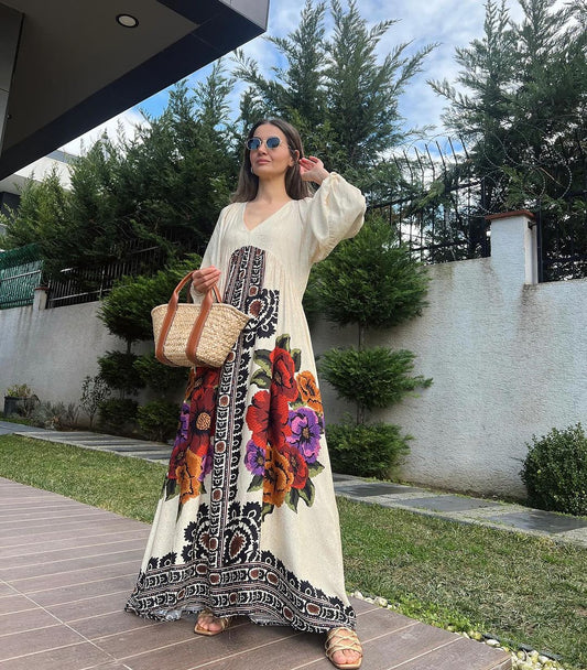 Floral Tapestry Beige V Neck Dress
