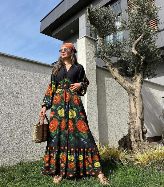 Black X Yellow Floral Pixel Belted Dress