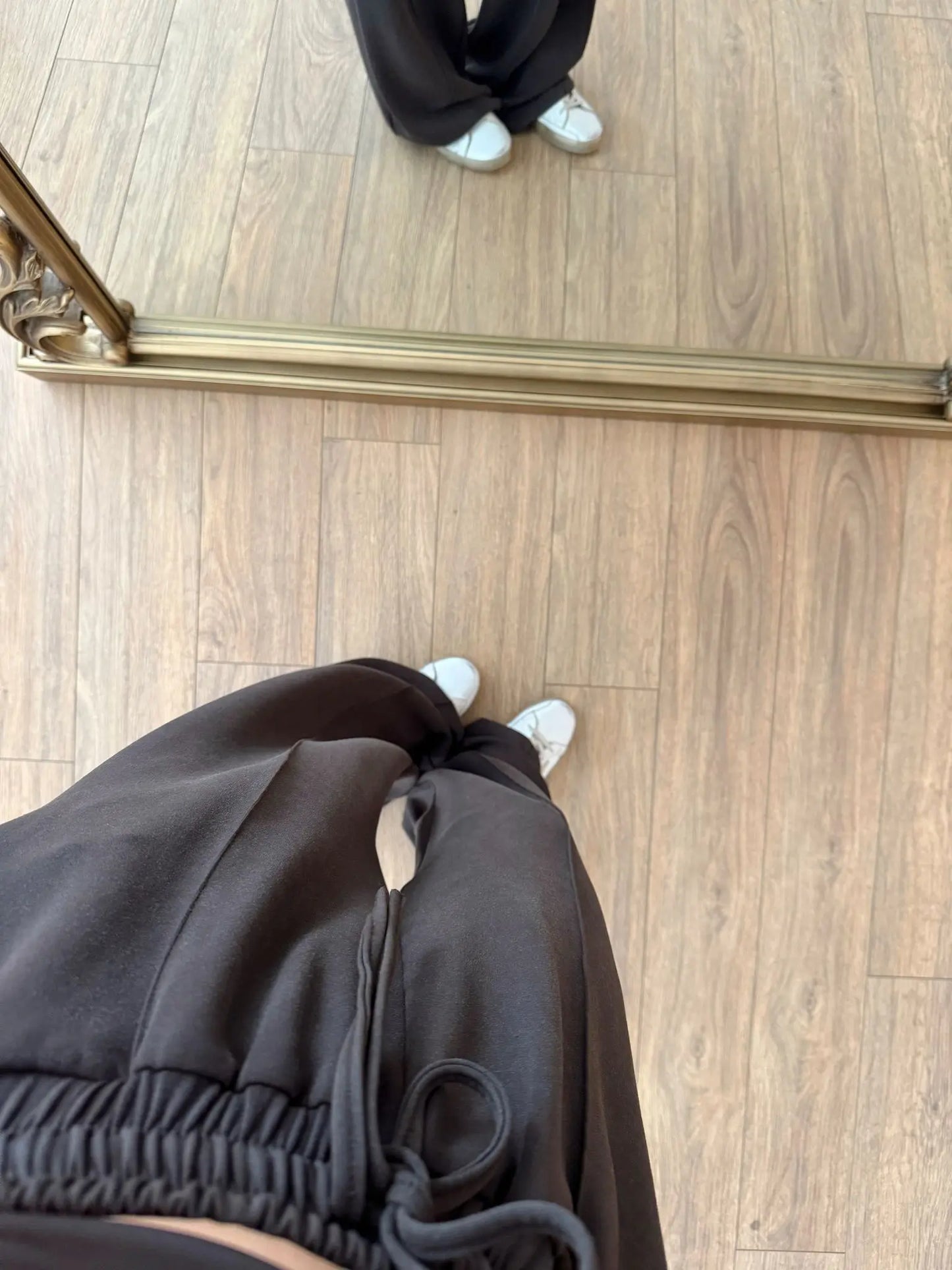 Brown Straight Leg Pants With Elastic Waist
