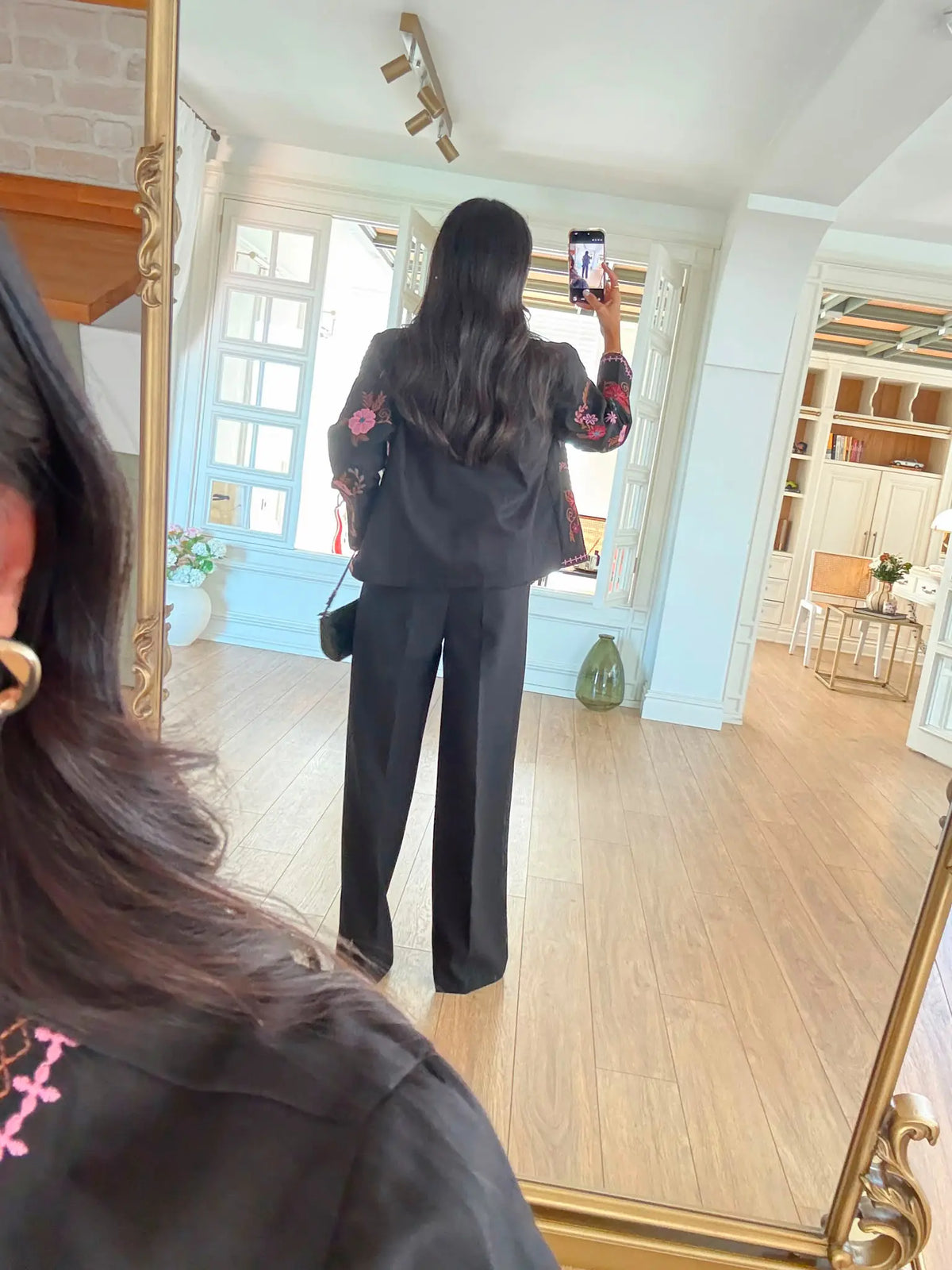 Black Pink Floral Embroidered Jacket