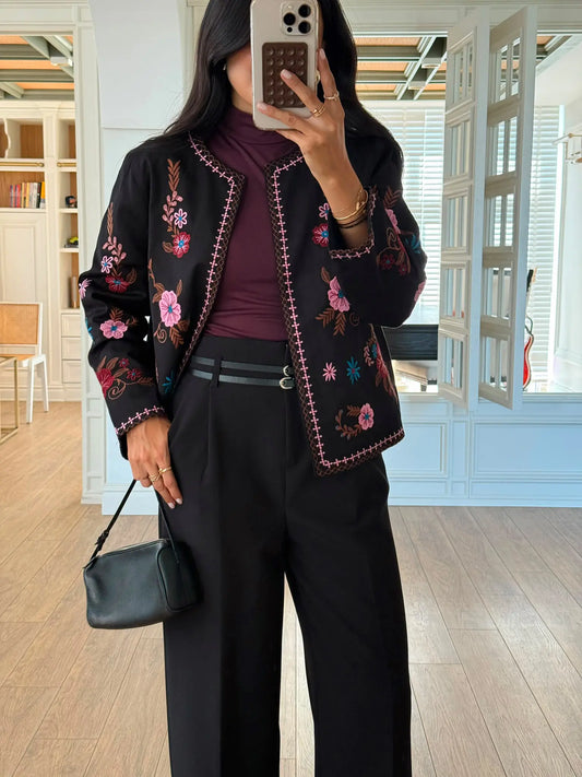 Black Pink Floral Embroidered Jacket