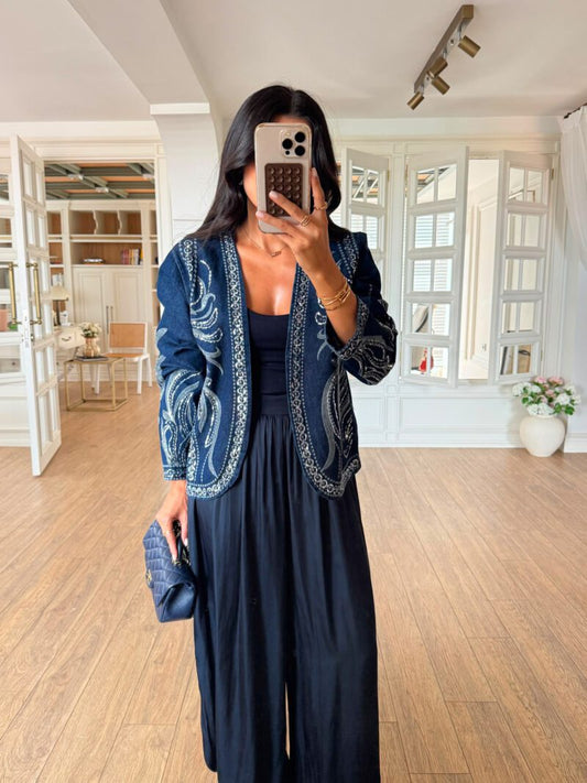 Dark Blue Sequined Denim Jacket