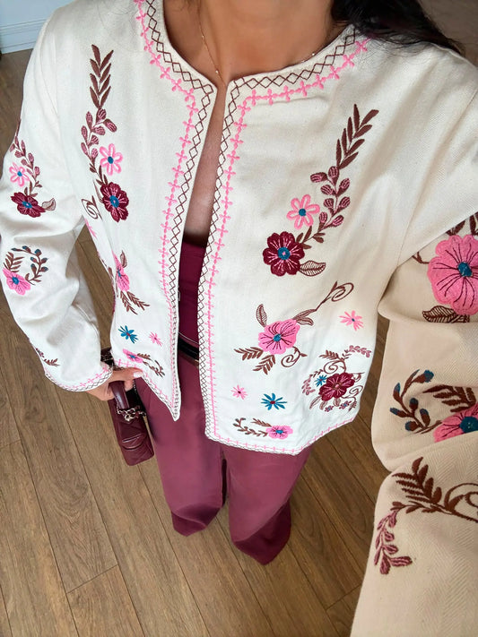 Off White Pink Floral Embroidered Jacket