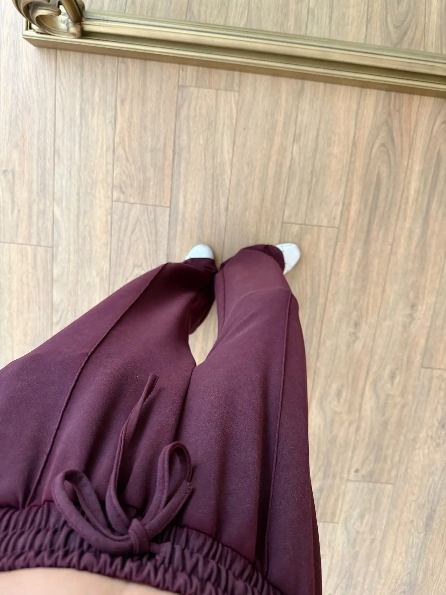 Burgundy Straight Leg Pants With Elastic Waist