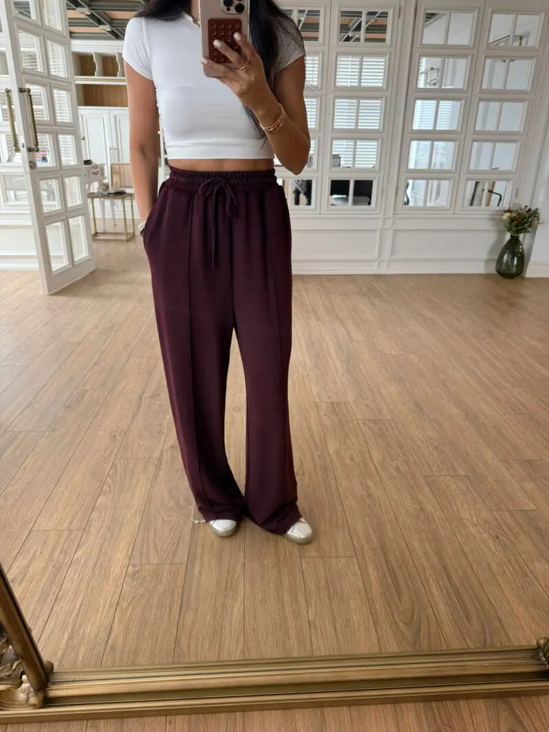 Burgundy Straight Leg Pants With Elastic Waist