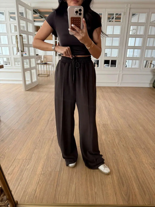 Brown Straight Leg Pants With Elastic Waist