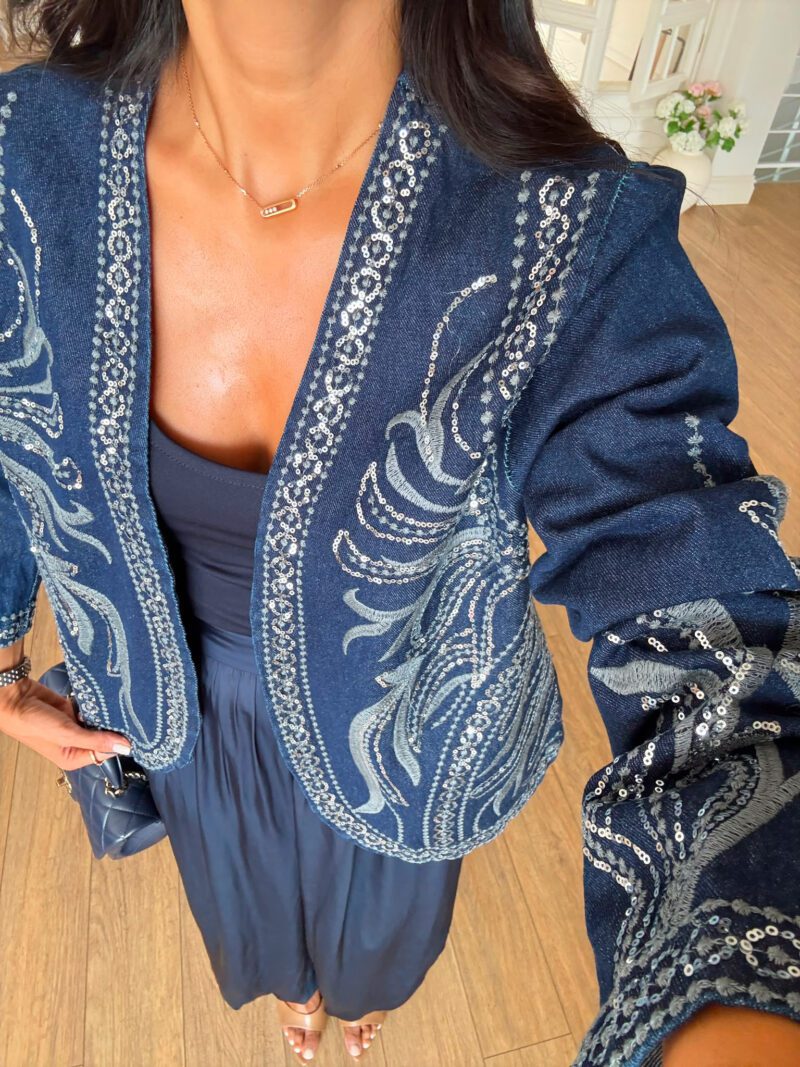 Dark Blue Sequined Denim Jacket