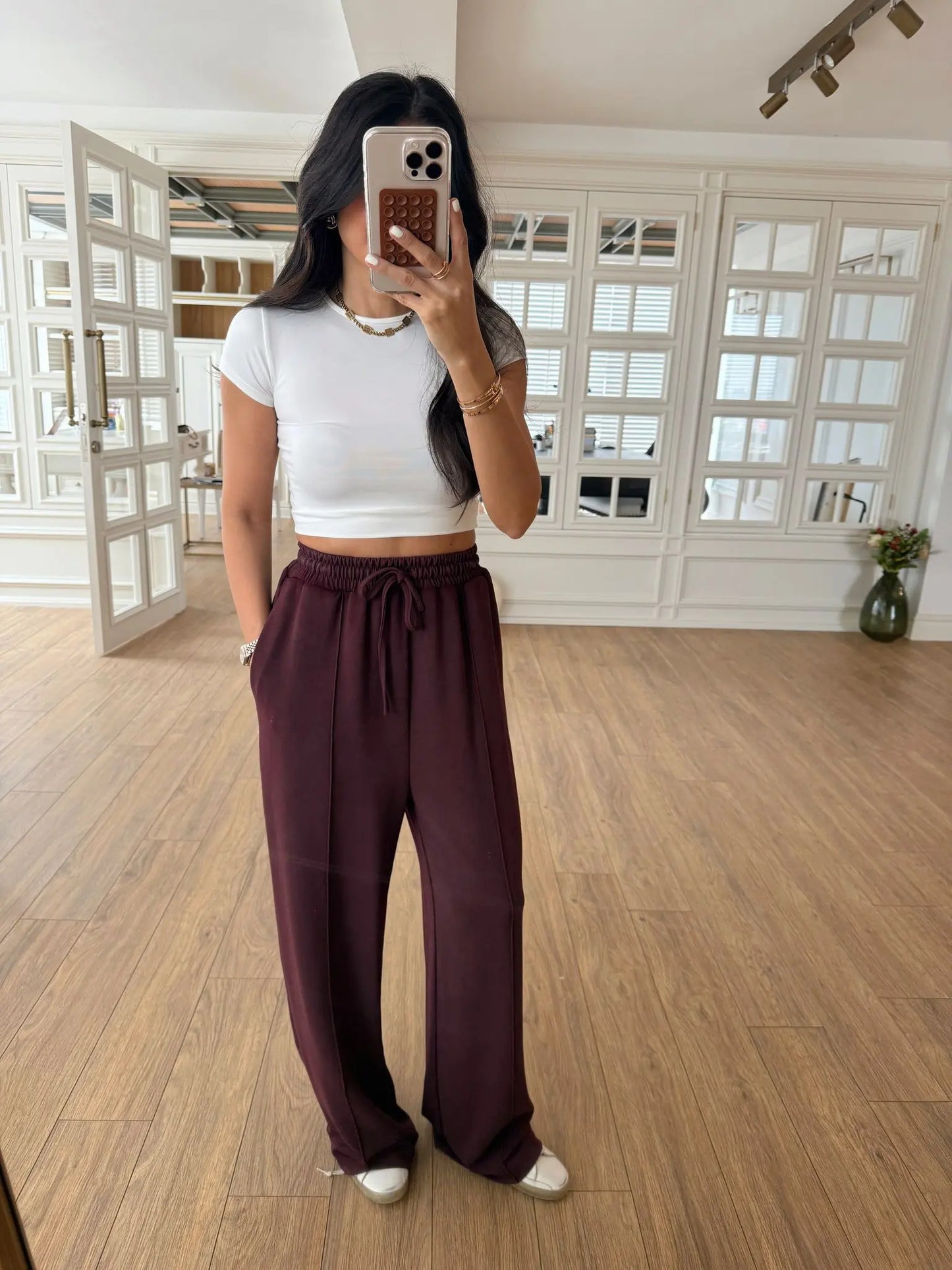 Burgundy Straight Leg Pants With Elastic Waist