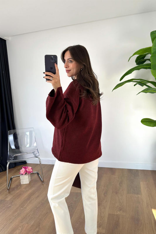 Maroon Round Neck Pullover With Bell Sleeves