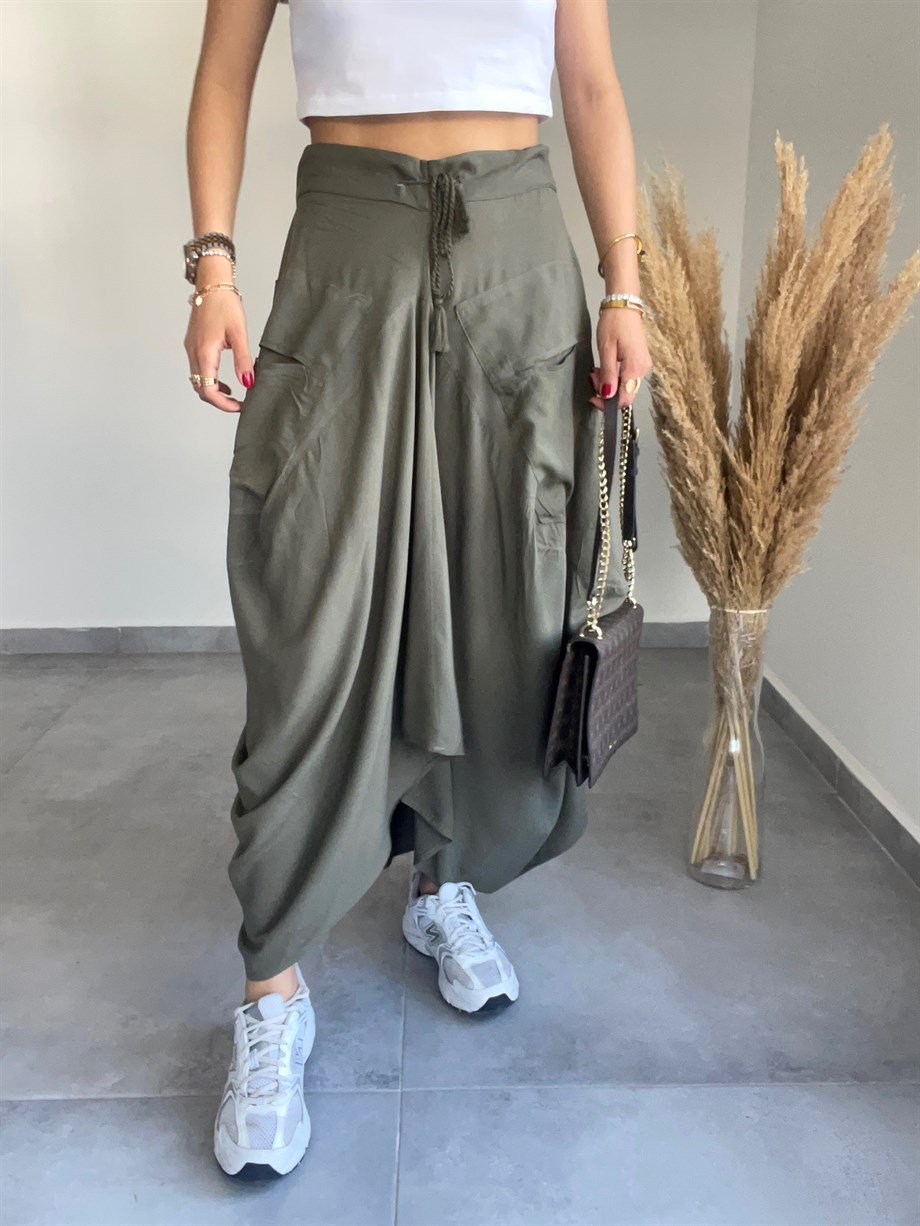 Khaki-Olive Boho Wide Skirt With Tassels