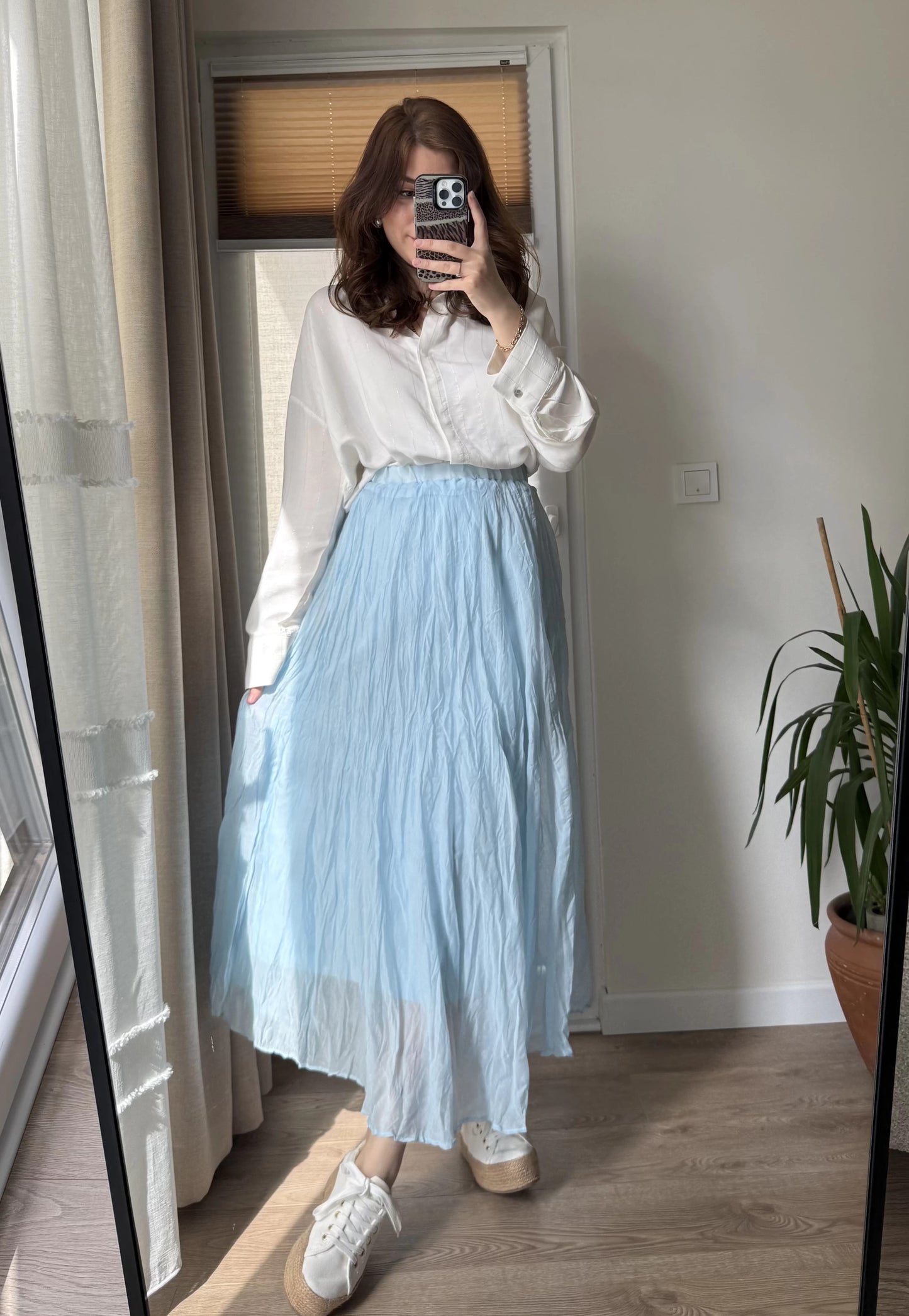 Baby Blue Crinkled Cotton Inlined Skirt