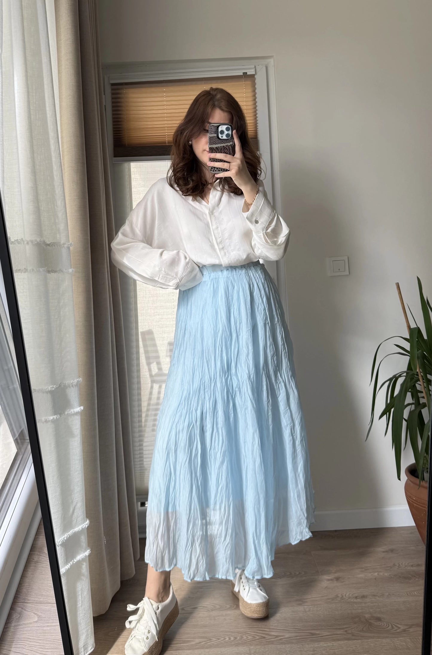 Baby Blue Crinkled Cotton Inlined Skirt