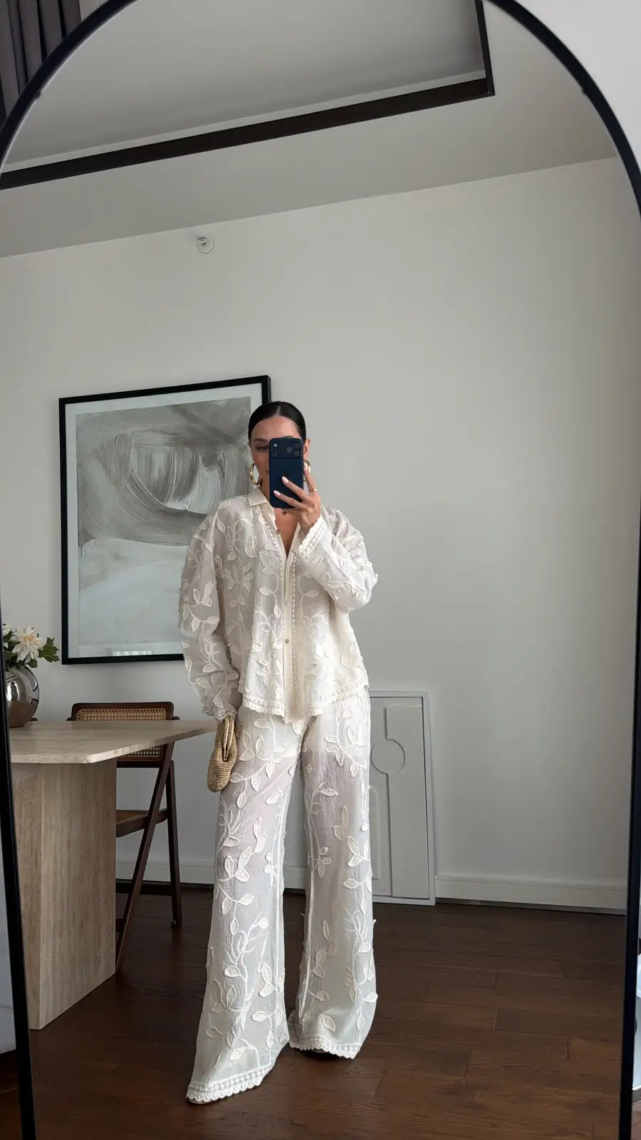 Beige Floral Petals Straight Leg Pants