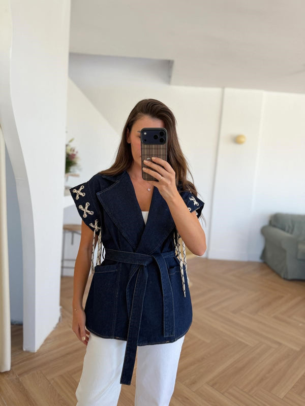 Dark Blue Denim Corded Vest Jacket With Belt & Pockets