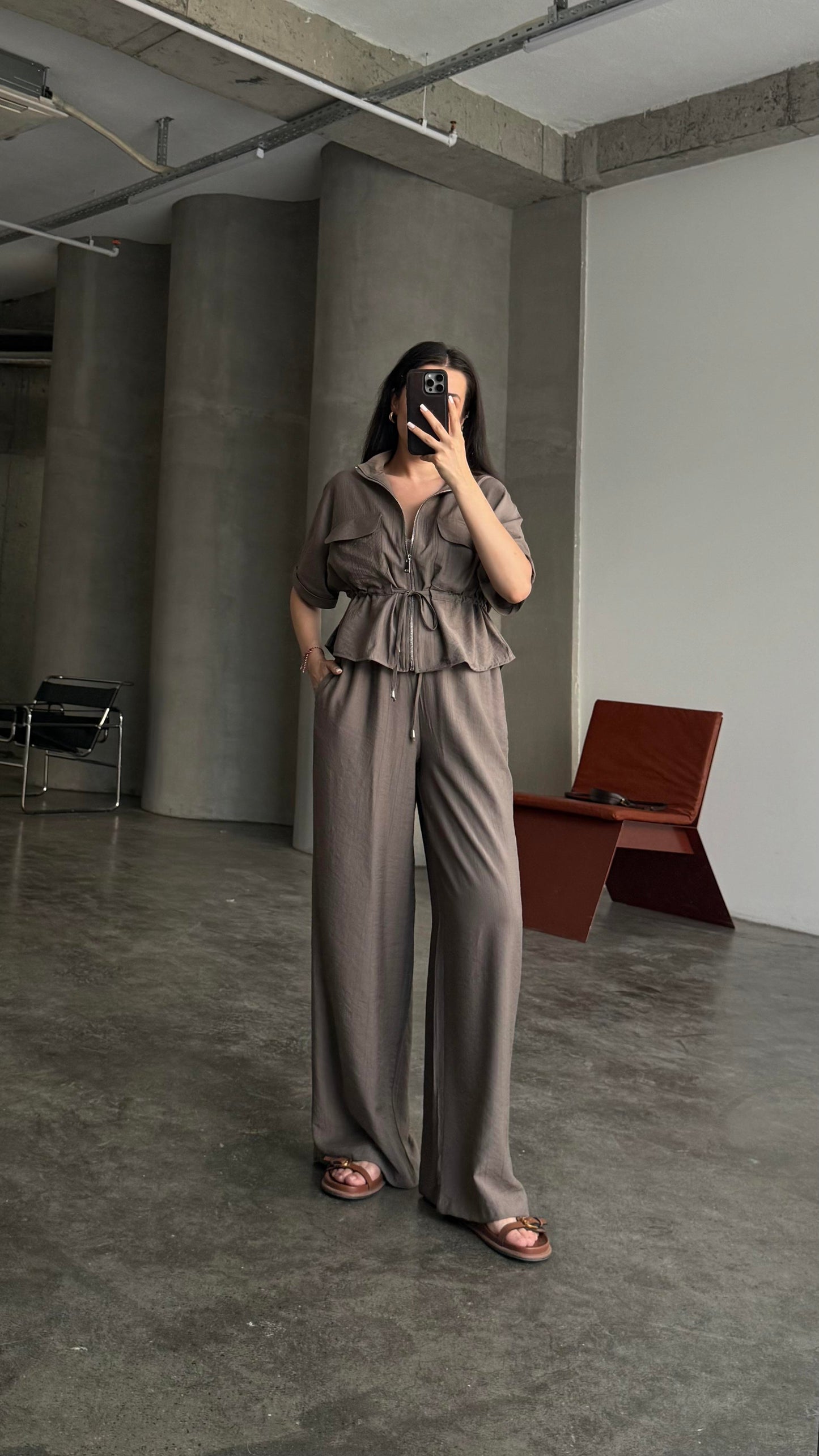 Brown Zipped Jacket Crinkled Set