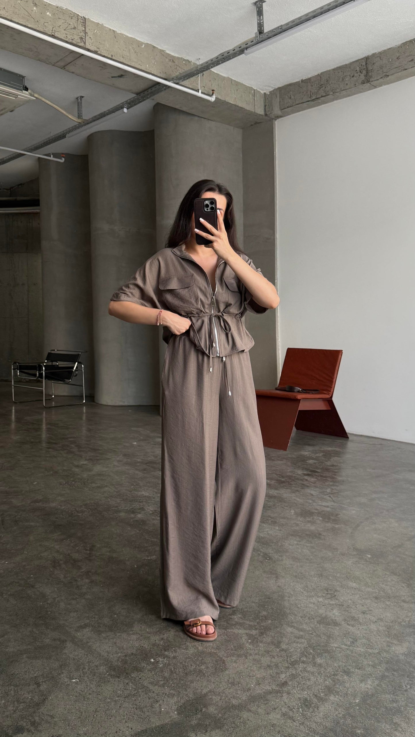 Brown Zipped Jacket Crinkled Set