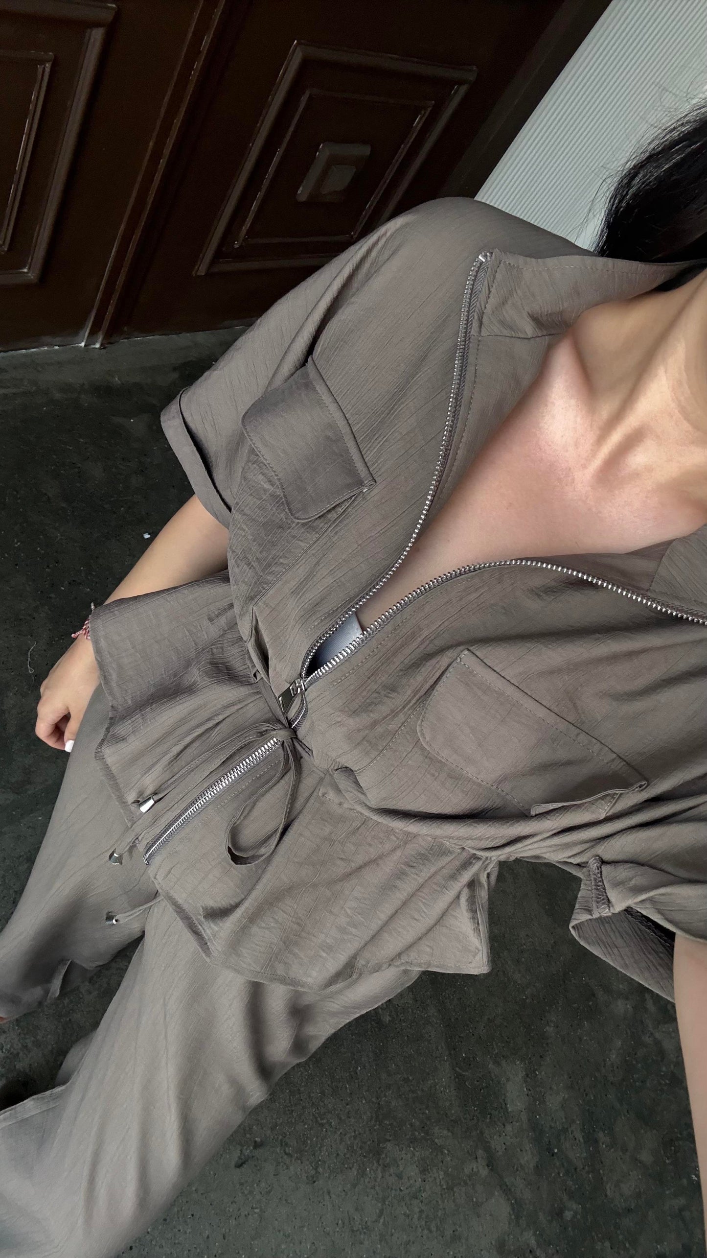 Brown Zipped Jacket Crinkled Set