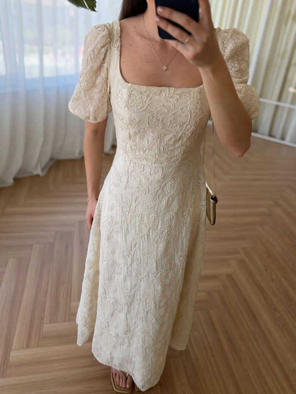 Cream Vintage Embroidered Dress With Square Neck