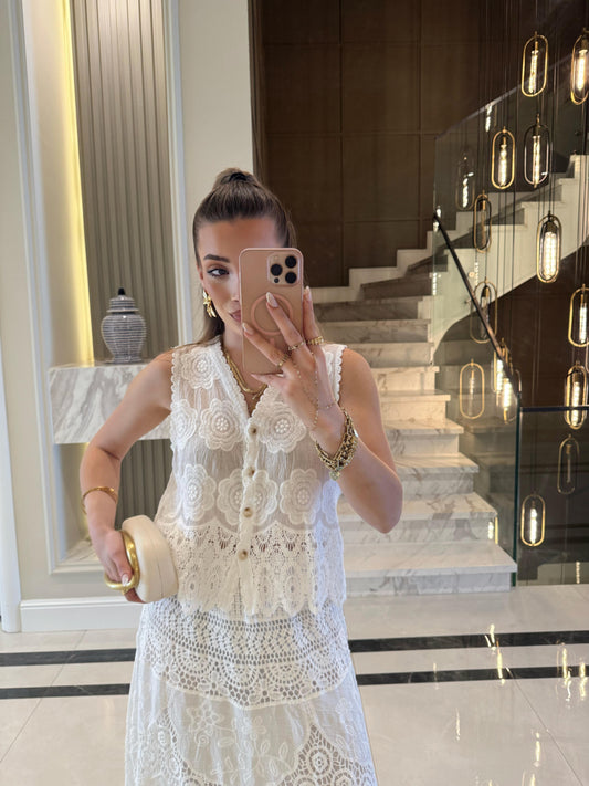 Lace Beige Embroidered Floral Vest