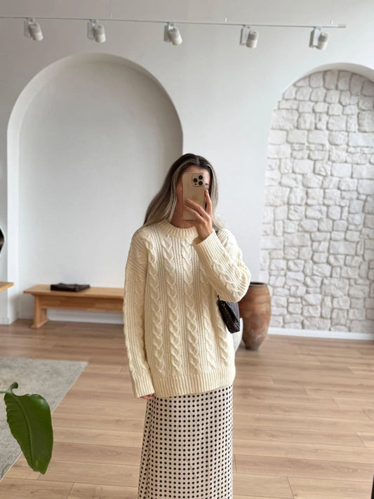 Cream Braided Bell Sleeves Pullover