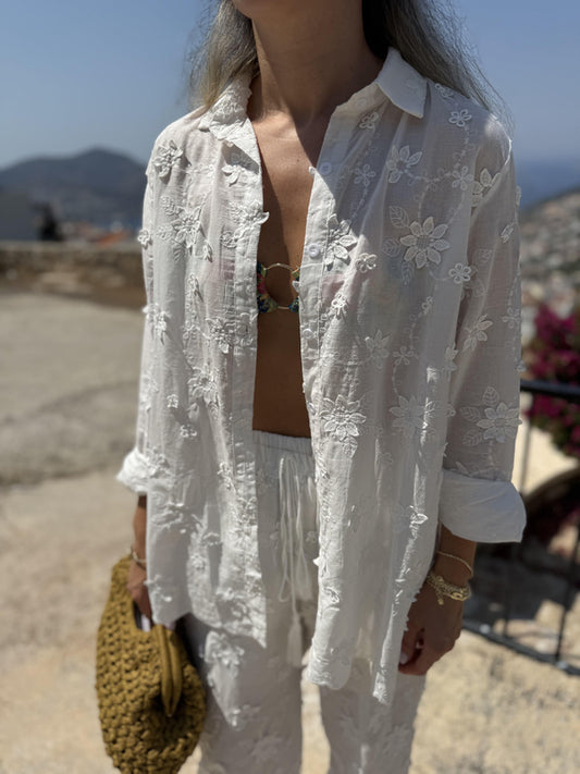 White Embroidered Floral Shirt & Pants Set