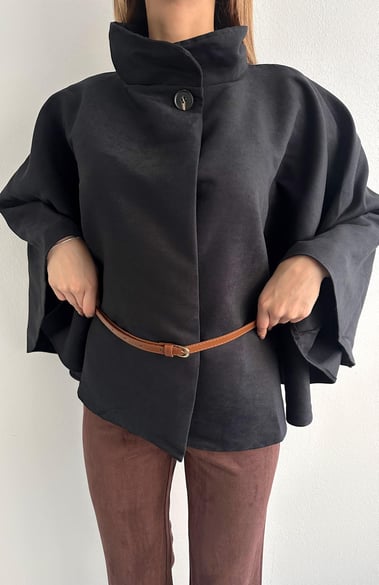 Black Suede Belted Poncho