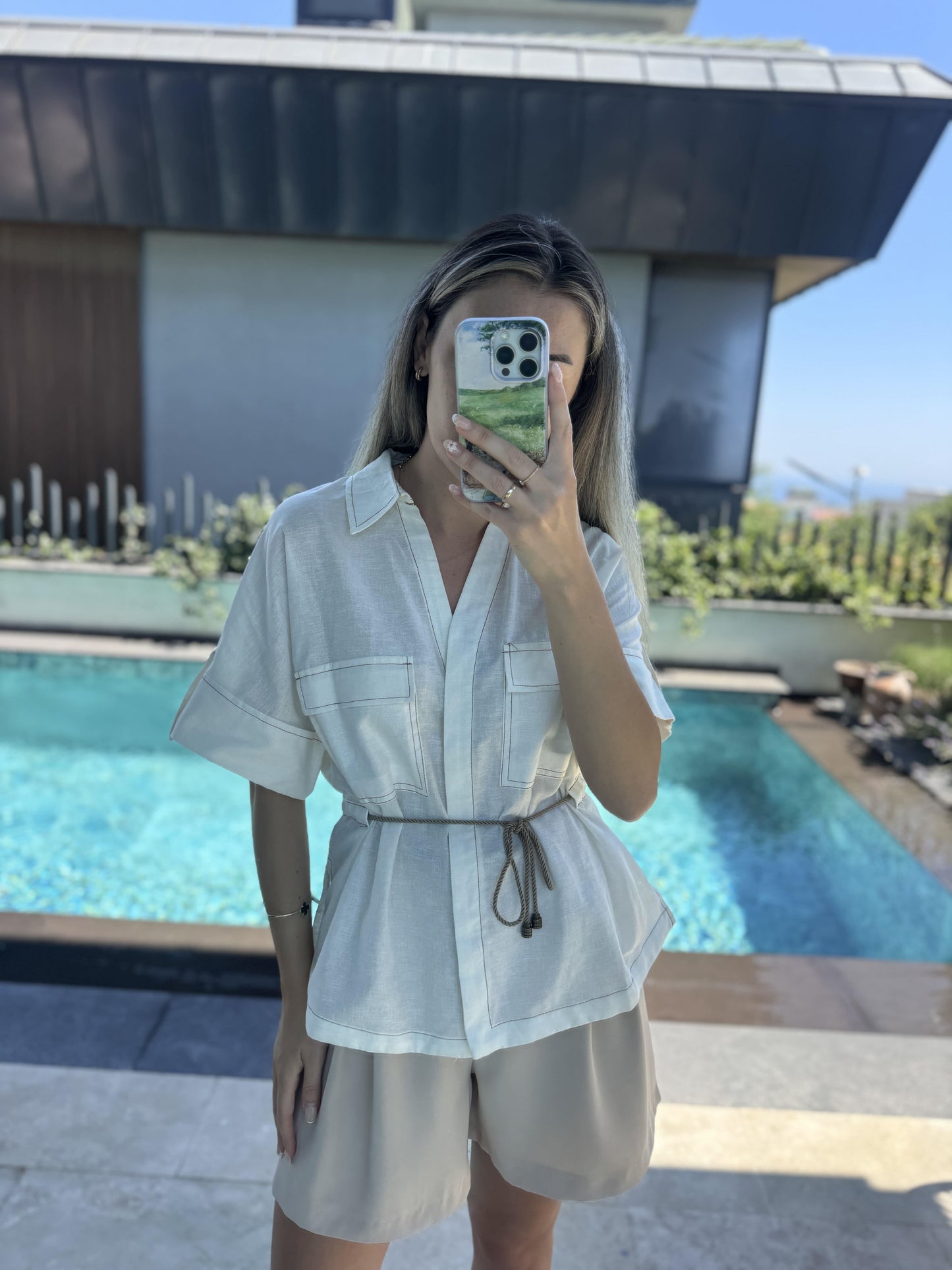 Off White Linen Half Sleeves Belted Blouse