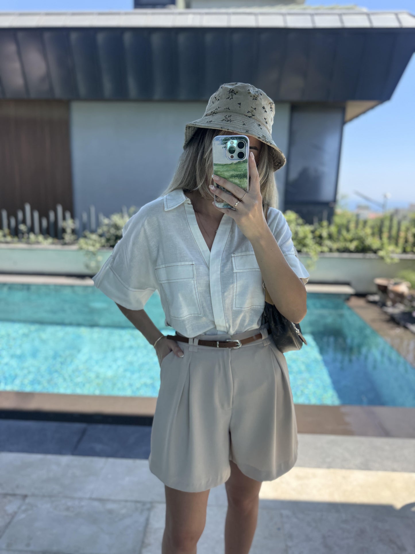 Off White Linen Half Sleeves Belted Blouse