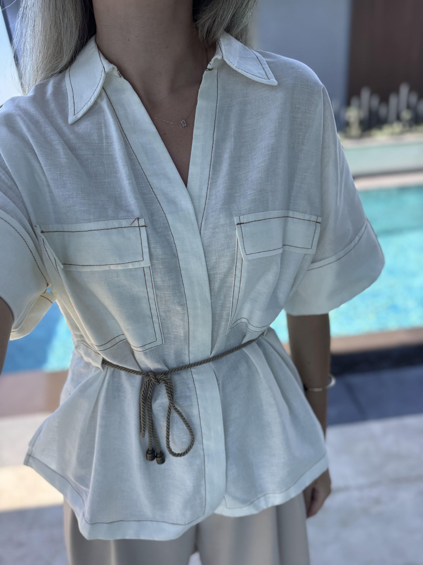 Off White Linen Half Sleeves Belted Blouse