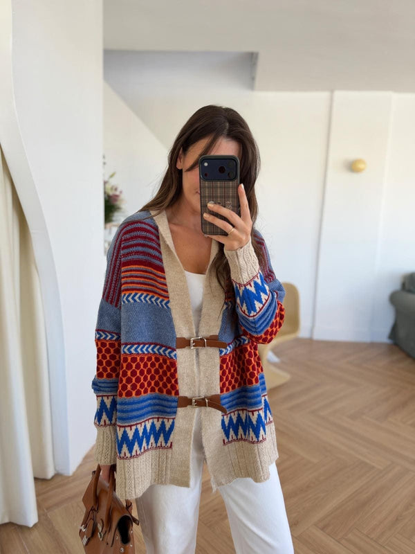 Blue X Orange Vintage Cardigan With Leather Belt
