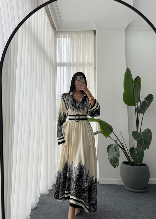 Black Leaves Shirt Dress With Belt