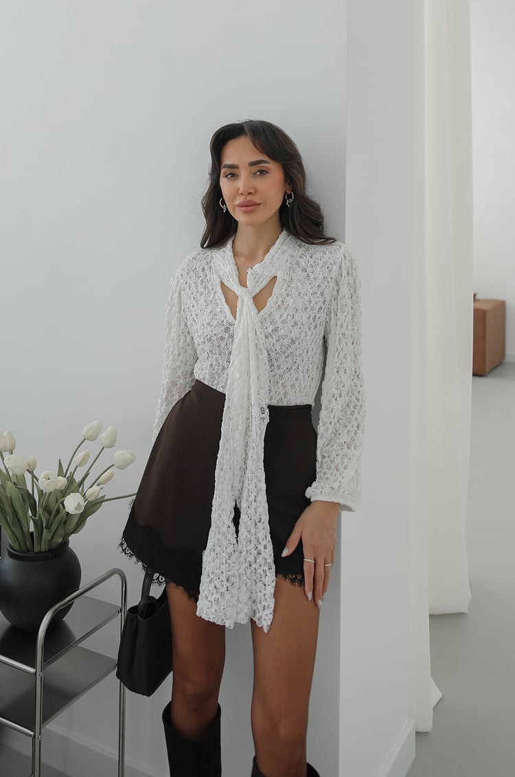 Off White Lace Blouse With Front Ties