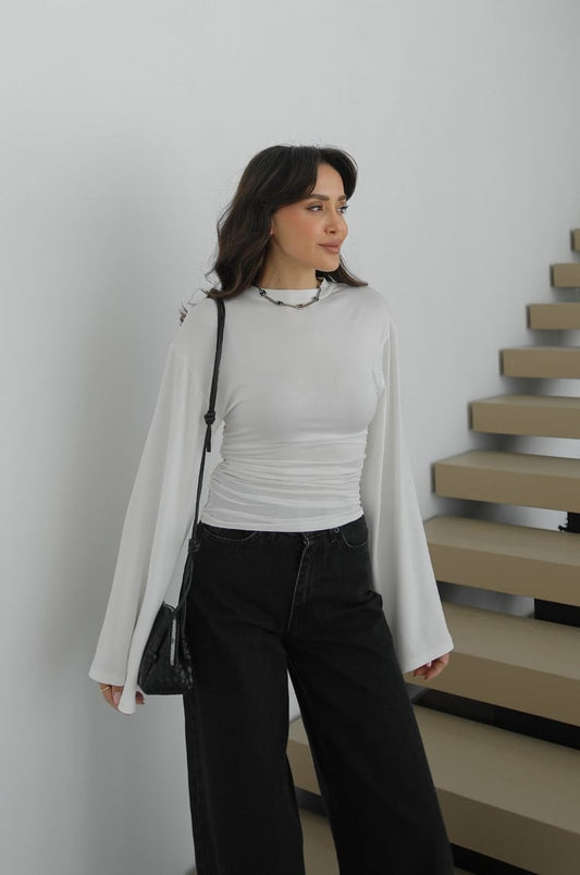 White Cotton Waisted Top With Bell Sleeves
