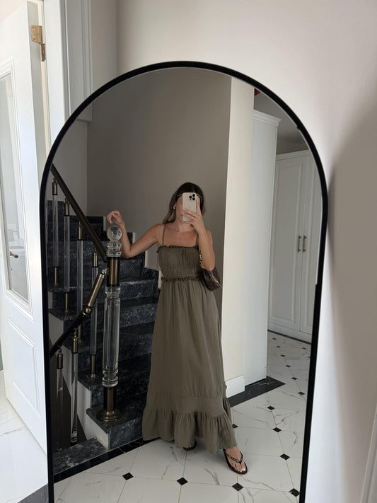 Olive Cotton Straps Dress With Dantel Details & Pockets