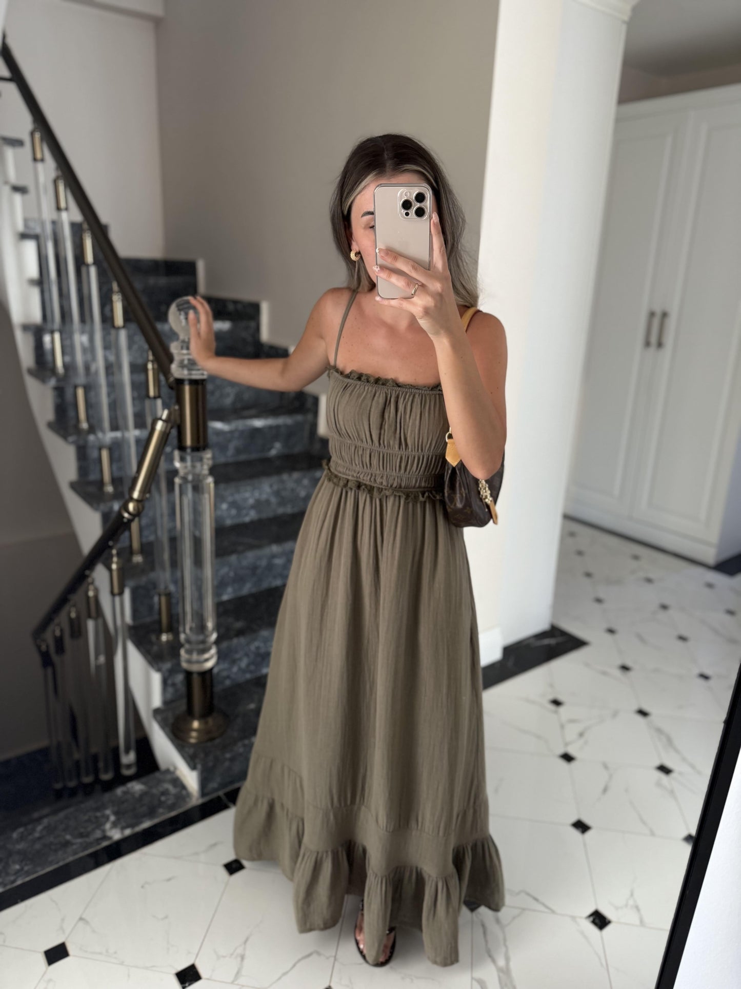 Olive Cotton Straps Dress With Dantel Details & Pockets
