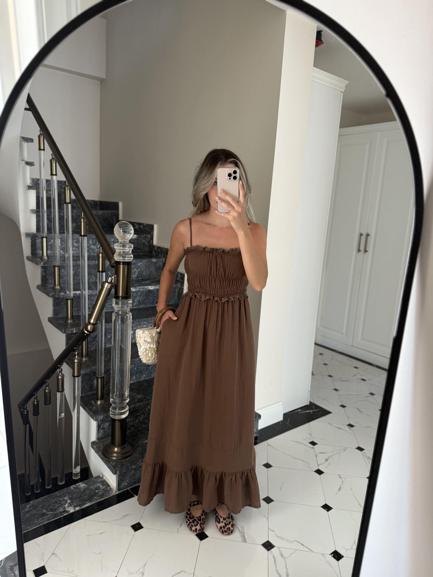 Brown Cotton Straps Dress With Dantel Details & Pockets