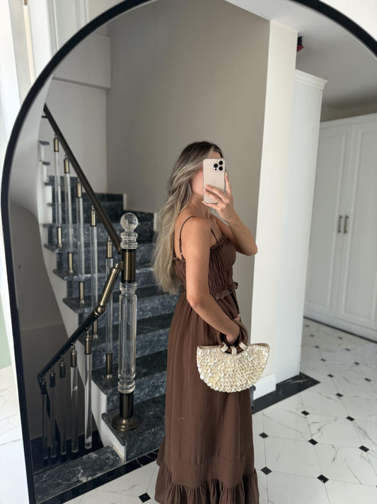 Brown Cotton Straps Dress With Dantel Details & Pockets