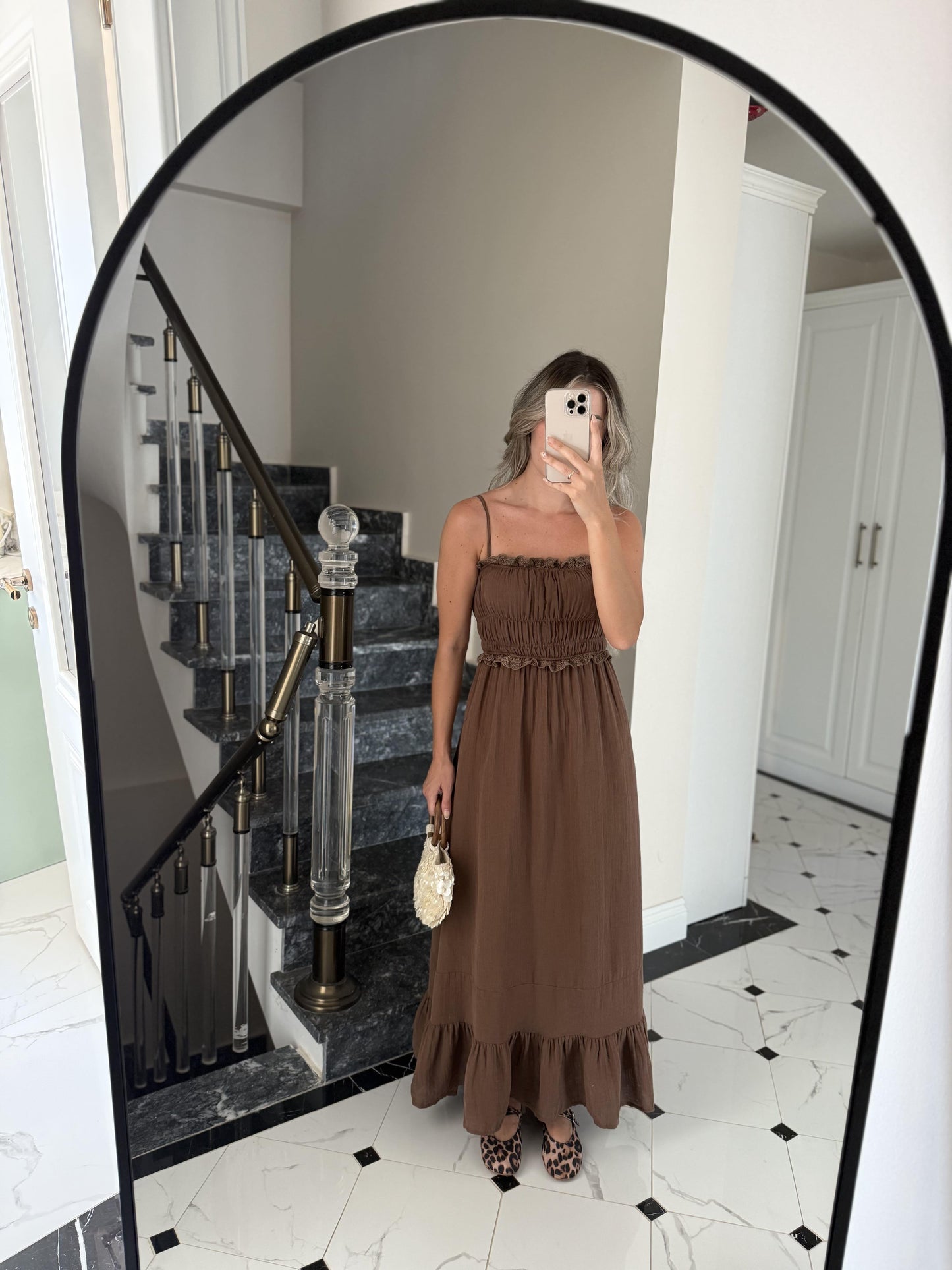 Brown Cotton Straps Dress With Dantel Details & Pockets