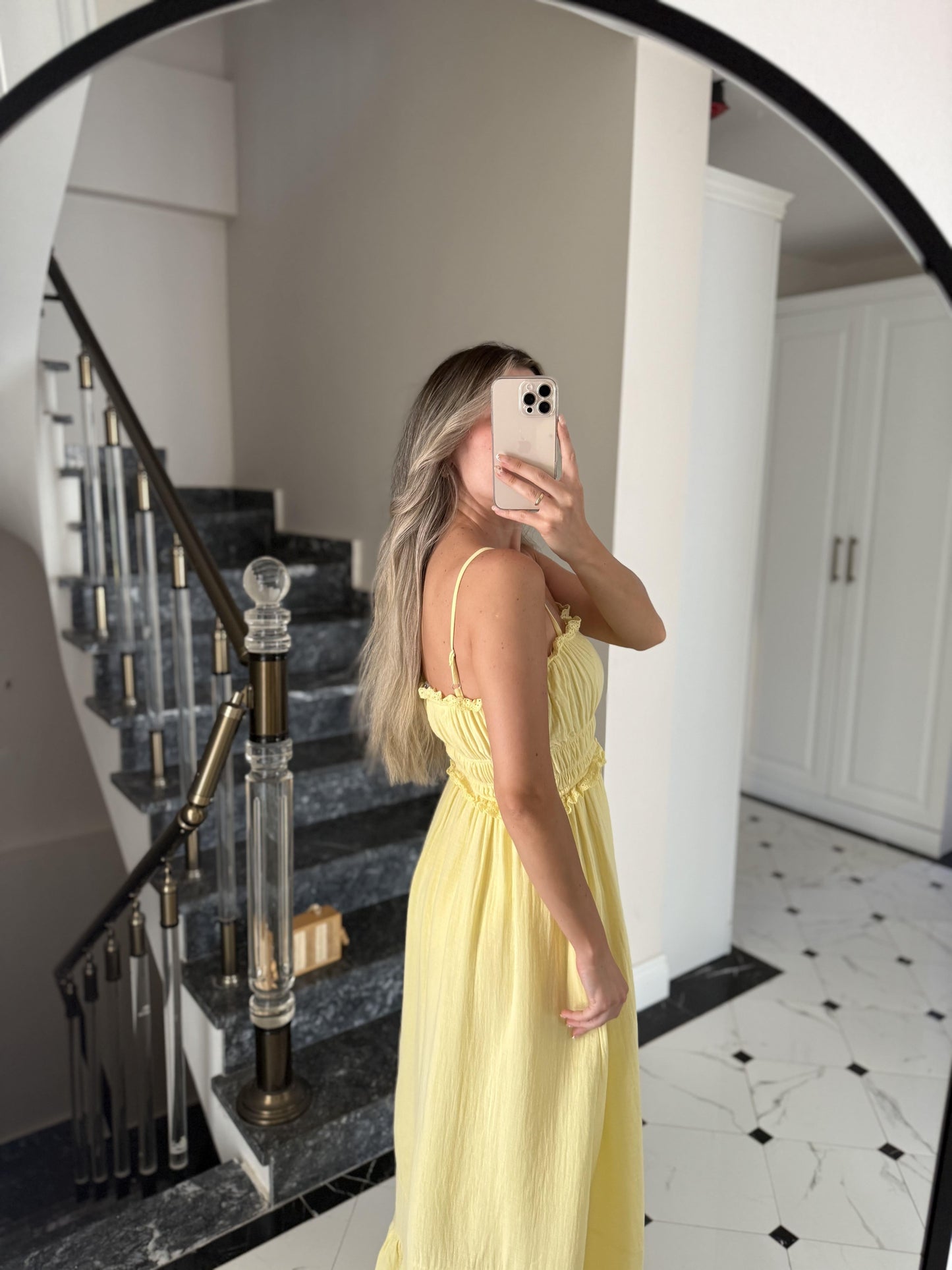 Yellow Cotton Straps Dress With Dantel Details & Pockets