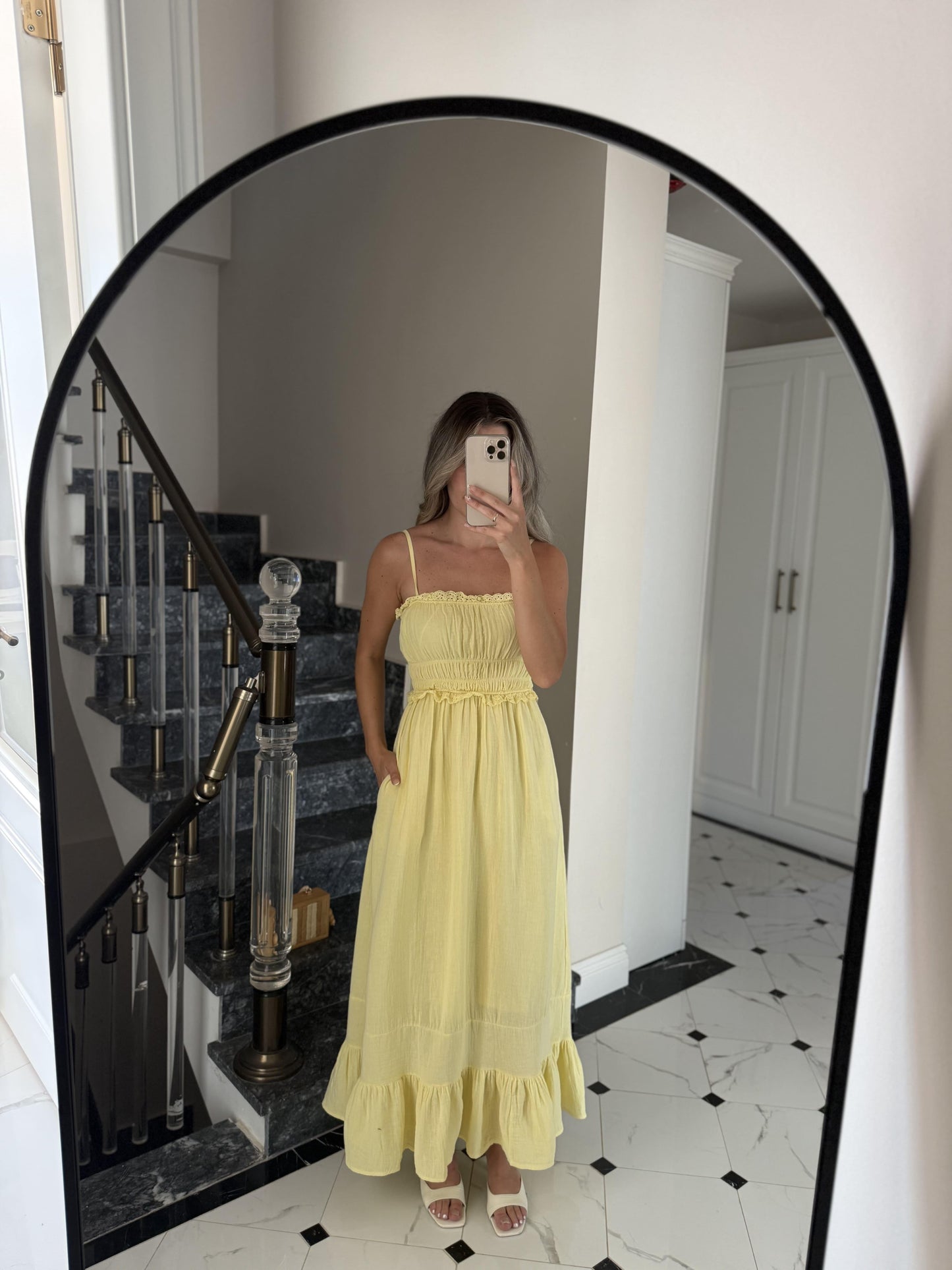 Yellow Cotton Straps Dress With Dantel Details & Pockets