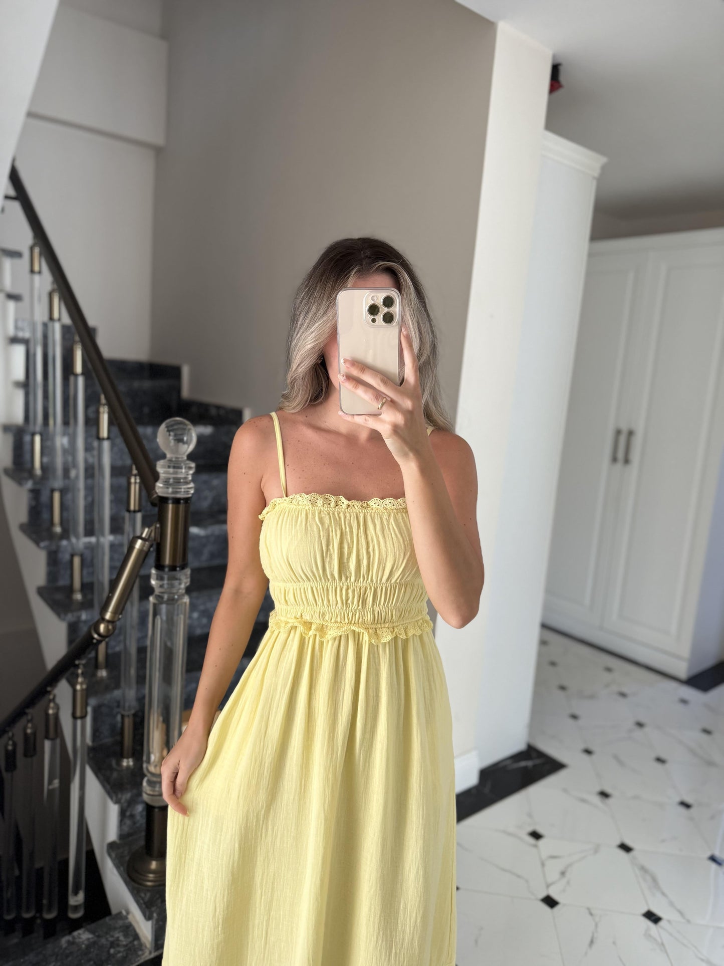 Yellow Cotton Straps Dress With Dantel Details & Pockets