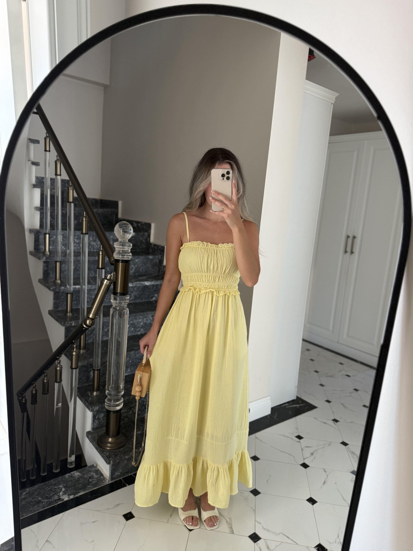 Yellow Cotton Straps Dress With Dantel Details & Pockets