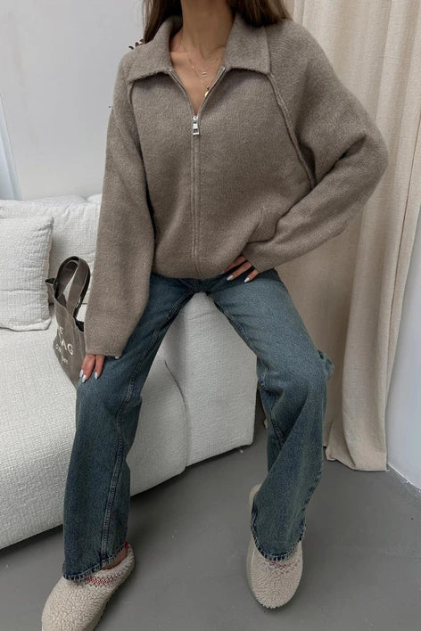 Beige Zip Up Wool Jacket