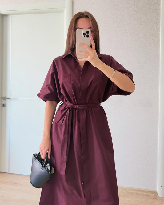 Burgundy Poplin Belted Dress