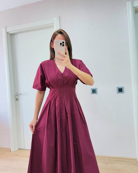 Burgundy Poplin Corset Waist Dress